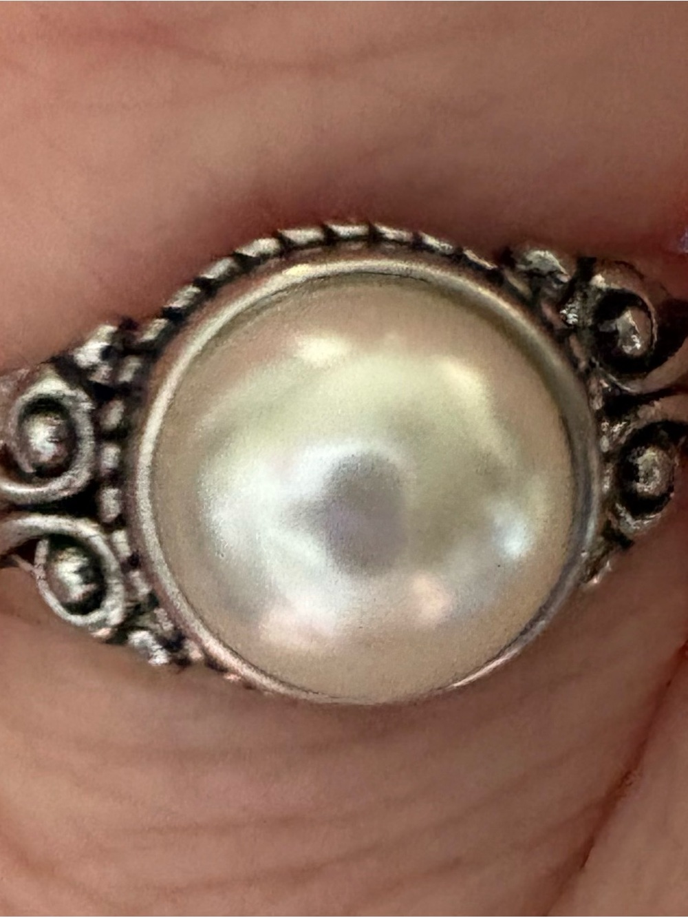 Sterling-Style White Pearl Scroll Ring